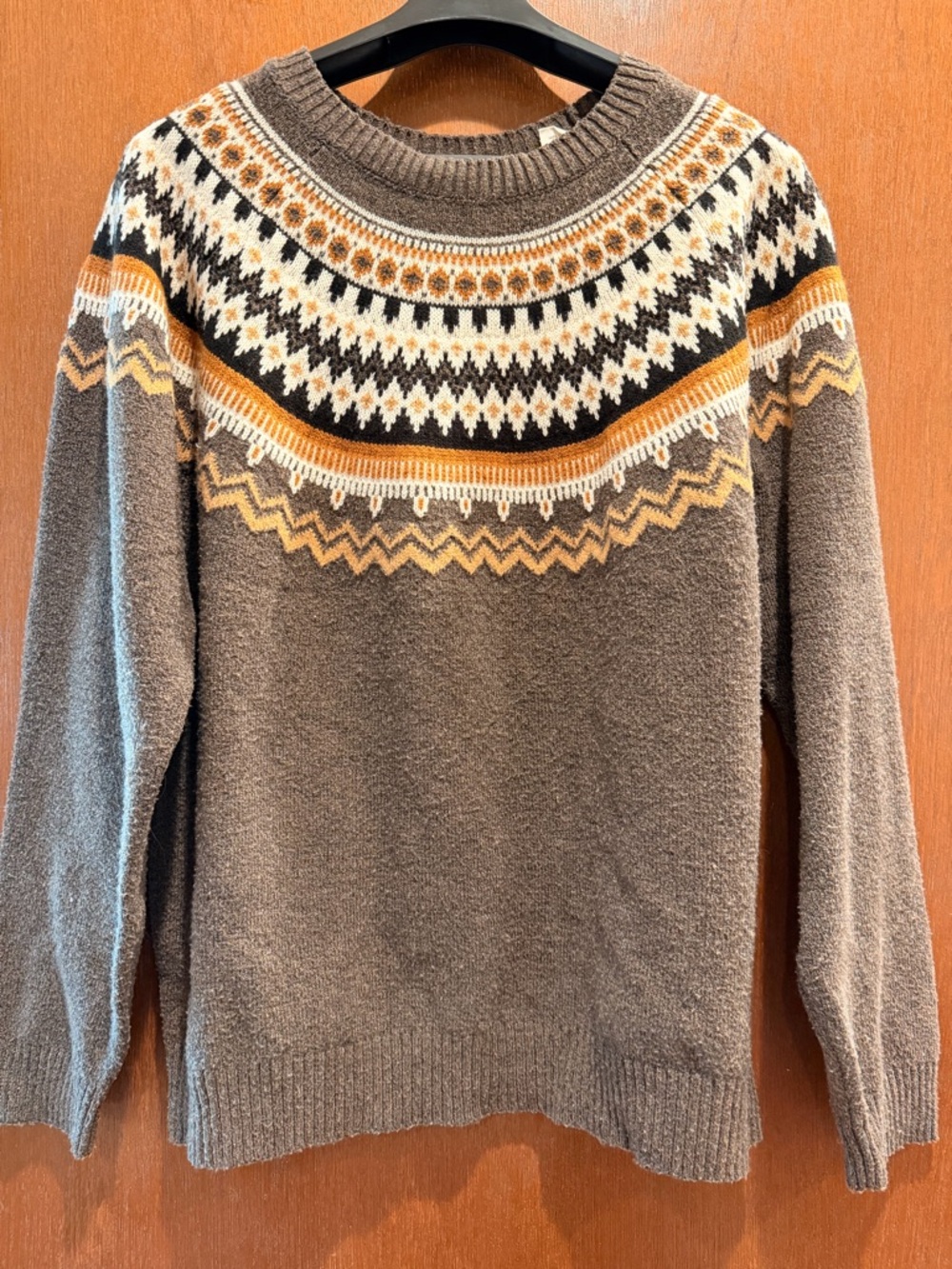 Weatherproof women’s Fair Isle Crewneck Sweater in Brown and Mustard
